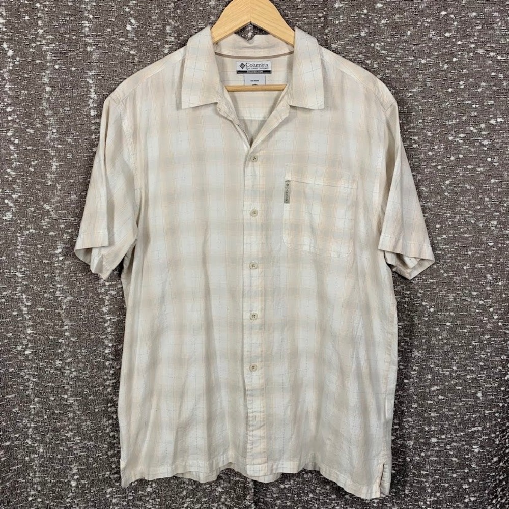 Columbia Mens Large Short Sleeve Button Down Plaid Shirt Tan Cream Hiking Casual